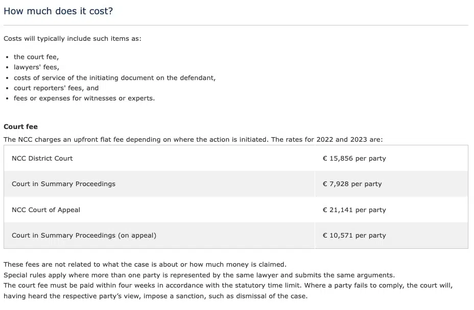 Court fees and costs in the Netherlands